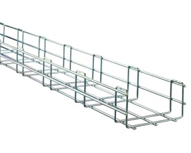 Detaljeret visning af Schneider Electric gitterbakke WN 105x500mm, med fokus på den galvaniserede ståldesign og de dobbelte tværtråde.
