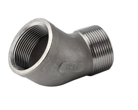 Vinkel 45gr nippel/muffe i AISI 316 stål med 3/8" gevind. Fremhæver den rustfri overflade og indvendige gevind.