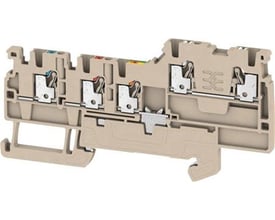 Detaljeret billede af Weidmüller AIO22 1,5 SI-PE signalklemme, viser dens kompakte beige Wemid-konstruktion og interne push-in mekanisme.
