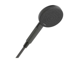 Hansgrohe Raindance Alive S håndbruser i børstet sort krom med 125 mm diameter og Select-knap til strålevalg.