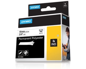 Emballage med DYMO RhinoPRO permanent polyestertape, 19 mm bred og 5,5 meter lang, med sort tekst på hvid tape.