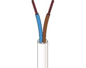 Nærbillede af NKT's 2x1,5 PKA hvide ledning, med fokus på de adskilte blå og brune ledere.