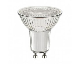 A LED Sharp Eco LED-pære med GU10 fatning, 5W effekt og varmt hvidt lys på 3000K.