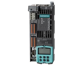 Siemens Sinamics S110 styreenhed CU305 med Profibus interface og integreret betjeningspanel med LCD-skærm og knapper.