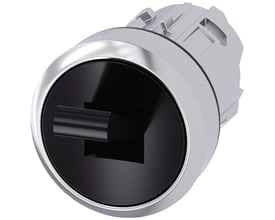 Siemens Sirius ACT omskifter med 22mm diameter, højglans sort metal front og tydelig I/O markering. Den viser en ru metal finish og et tilslutningsmodul bagpå.