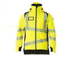Detaljeret billede af Mascot high-vis vinterjakke 19035-449 med fokus på reflekser og sorte kontrastpaneler.