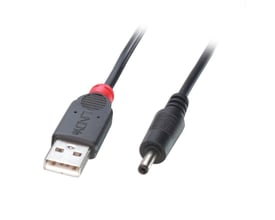 USB 2.0 DC strømkabel på 1,5 meter med USB-A hanstik og DC-stik (Ø3,5mm ydre, Ø1,35mm indre) forsynet med LINDY logo.