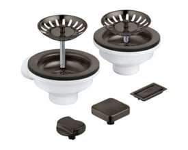 GROHE bundventil til køkkenvask i børstet hard graphite, vist med to ristkurve, dækelementer og manuelt afløbssæt.