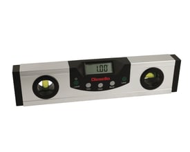 Digitalt vaterpas fra Diesella på 230 mm med krydslaser, LED-lys og digitalt display, set forfra.