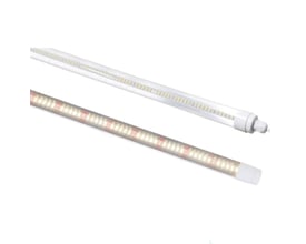 Nærbillede af to LEDlife Pro-Grow 2.0 lysstofrør, et med klart glas og et med synlige LED'er.