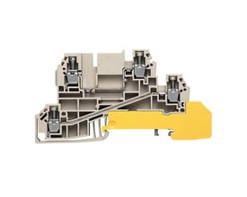 Weidmüller distributionklemme WDL 2.5/L/L/PE med jord, 2,5mm² skrueterminal i beige plast med gul jordforbindelsesdel.