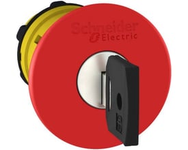 Schneider Electric nødstop med rød Ø40 mm trykknap og nøgle til frigørelse, vist forfra med gul bagside.