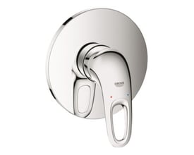 Grohe Eurostyle 1-grebs forplade til bruser i blank krom finish med tydeligt Grohe logo og røde/blå markeringer for temperatur.