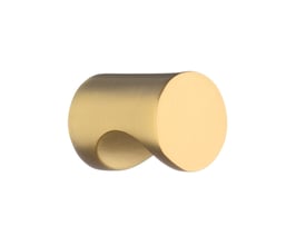 Beslagboden knop i børstet messing, Ø18 mm, med rund front og kort cylindrisk greb set skråt fra siden.