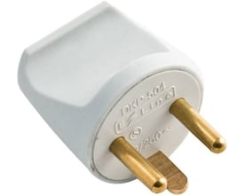 Standard lysegrå rund stikprop med jord og messingstik, mærket E-Line DKP-604 16A/250V.
