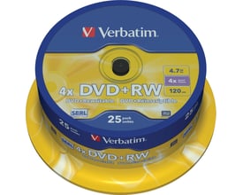 Verbatim DVD+RW-medie på spindel med blå og gul emballage, SERL-lag, 4,7 GB kapacitet og op til 120 minutters optagetid.
