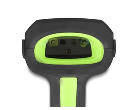 DeLock industriel 1D/2D-scanner i sort og limegrøn, set forfra med det brede scannervindue synligt.