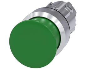 Siemens SIRIUS ACT paddetrykknap, rund, metal, 30mm diameter i skinnende grøn med øvre del i krom.