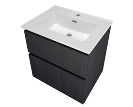 Sanibell Proline møbelsæt i sort eg, 61x46 cm, med hvid porcelænsvask og to integrerede grebsfrie softclose skuffer.