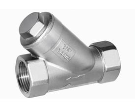 MODU Valves Y-Type kontraventil i rustfrit stål med 1 1/4" gevind, vist skråt forfra med gevindender og ventilhætte synlige.