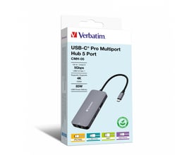 Verbatim USB-C Pro Multiport Hub CMH-05 i grå med tekst der angiver 5Gbps, USB 3.2 Gen 1, 4K HDMI og 85W USB Power Delivery.