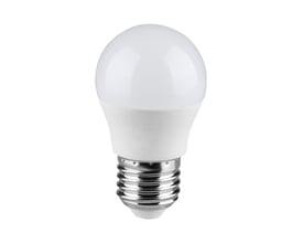 Hvid V-TAC LED-kronepære i G45-format med rund lysflade og blank E27-fatning, 6,5 W og 600 lumen.
