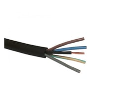 Fleksibelt sort H07RN-F gummikabel med 5 ledere og 2,5 mm² tværsnit, vist på hvid baggrund.