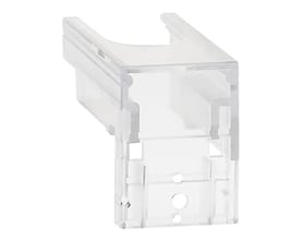 ABB terminalafdækning OTS 125T1, 1-polet og transparent, viser snap-on funktionen og designet af plastik.