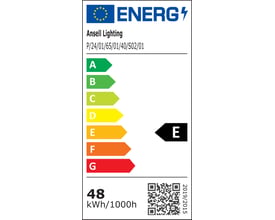 Energimærke for Ansell Lighting P-Cell LED bånd, der viser energiklasse E for produktet P/24/01/65/01/40/S02/01.