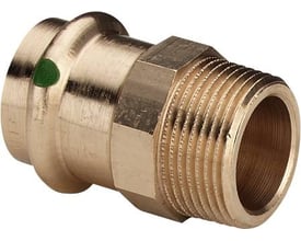 Viega G3 Sanpress overgangsstykke i rødgods med 28 mm presmuffe og ¾" R-gevind nippel, viser præcisionsfremstillet kobling.