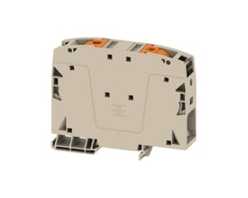 Detailbillede af Weidmüller Push IN 2-POL rækkeklemme, viser den beige overflade, integrerede orange koblingsmekanismer og 20mm bredde.