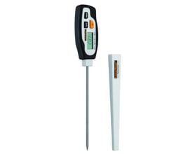 Laserliner ThermoTester digitalt termometer med sølvfarvet sonde og sort håndtag på hvid baggrund.