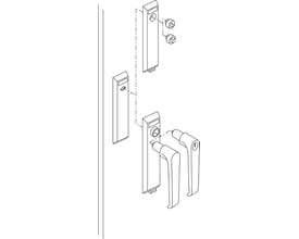 Eksploderet tegning af Schneider Electric lås med 8 mm trekantnøgle og tilbehør, viser monteringselementer og håndtag.