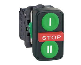 Schneider Electric tredobbelt trykknap med "I" og "II" på grønne startknapper og rød STOP-knap, 22mm, Harmony XB5 serie.
