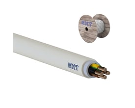 NKT NOIKX Flex-installationskabel 4 x 95 mm² med lysegrå kappe, vist med afisoleret ende og kabelrulle.
