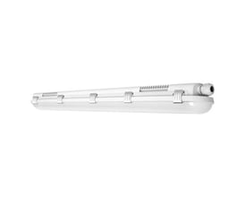 LEDVANCE Damp Proof Performance kapslet LED-nødarmatur i hvidt, aflangt design med clips langs armaturet.