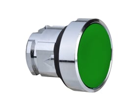 Schneider Electric trykknap ZB4 med grøn hætte og forkromet metalfrontring på hvid baggrund, Ø 22 mm.