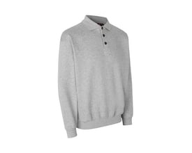 ID Identity GAME polosweatshirt i grå melange, størrelse S, med polokrave og tre sorte knapper på hvid baggrund.