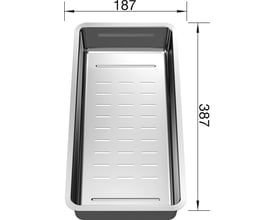 Blanco skylleskål i rustfrit stål med målene 187 x 387 mm, vist med en overflade af drænhuller.