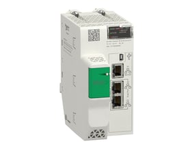 Schneider Electric M580 ePAC CPU med 24 MB program og udvidet miljøbeskyttelse, vist fra siden med USB- og Ethernet-porte.