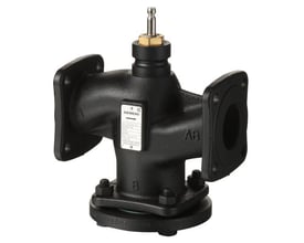 Siemens 2-vejs ventil VVF22.100-160 med PN6 flange og kvs 160. Ventilen er sort med messingdetaljer på toppen og en mærkat med produktinformation.