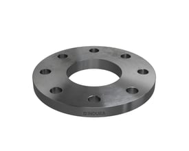 Indura planflange, 88,9 mm, med 8 bolthuller, PN16 og stål kvalitet P250GH, vist med Indura logo på siden.