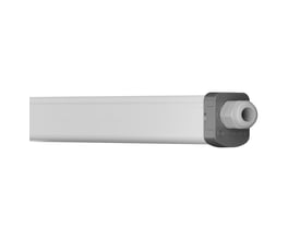 Hvidt Ledvance Damp Proof Slim Value-armatur på 1200 mm med slankt, aflangt design og synlig kabeltilslutning i enden.