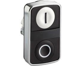 Schneider Electric dobbelt trykknap med krom metalfront, 22mm diameter, mærket 0 og I i sort og hvid.