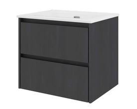 Sanibell Proline møbelsæt i sort eg med 2 softclose skuffer, 61x46 cm, viser front med integrerede greb og porcelænsvask med overløb.