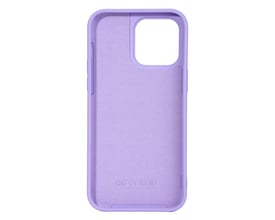 Lilla silicone MagSafe cover til iPhone 14 Pro Max, vist med indersiden opad og logo.