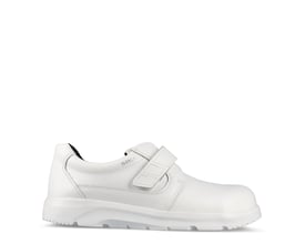 Hvid Sika Footwear Optimax sikkerhedssko med tåværn og Velcro-lukning, set fra siden med den brede hvide sål.