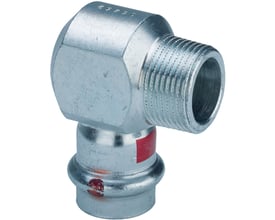 Detaljebillede af Viega Prestabo vinkelfittingen, der viser 15 mm pres-muffe og 3/8'' gevind, samt tydelig SC-Contur markering.