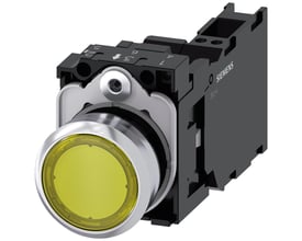 Siemens trykknap med lys, 22mm diameter, gul med højglans metalramme, 1NO+1NC kontakt og fjederterminal.