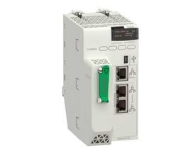 Schneider Electric M580 ePAC CPU med 16 MB programlager, vist med 3 Ethernet TCP/IP og USB-porte samt DIO scanner.